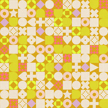 Load image into Gallery viewer, Colorful geometric pattern with shapes on a yellow background
