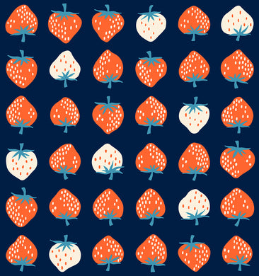 Pattern of strawberries and white flowers on a blue background