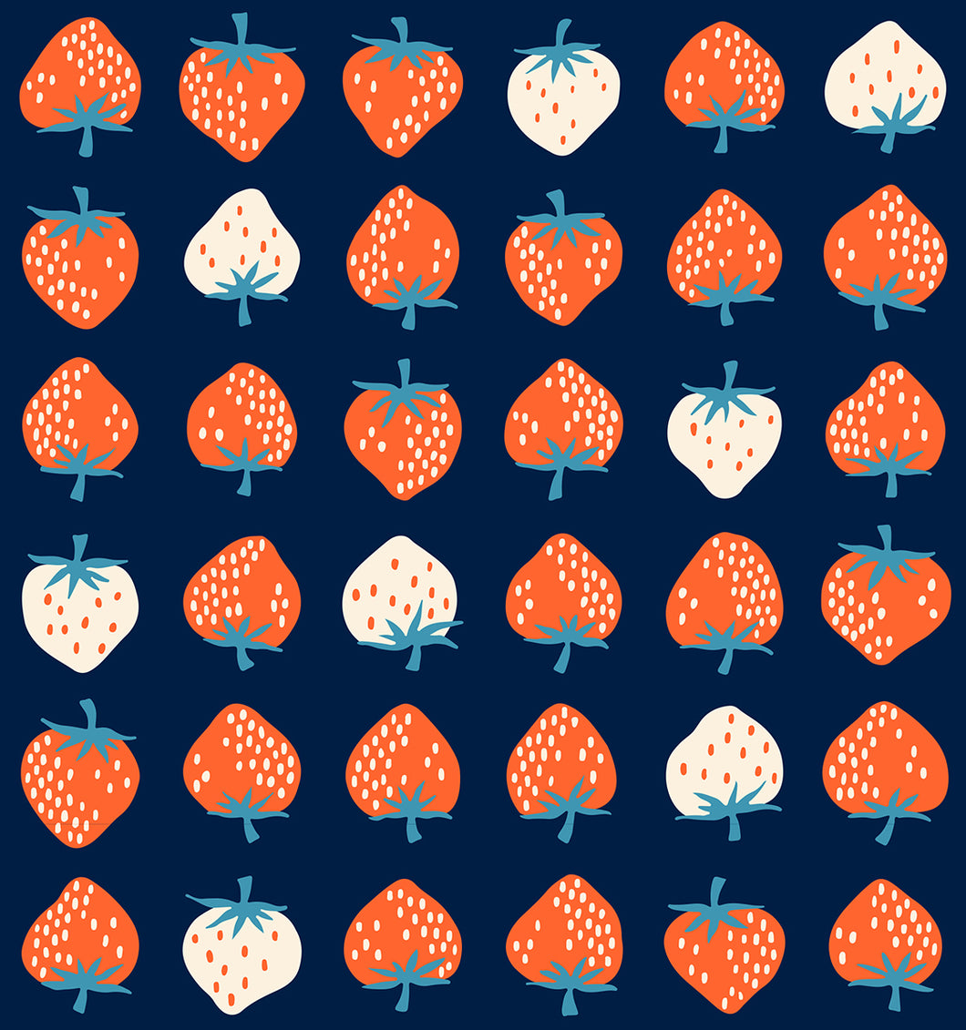 Pattern of strawberries and white flowers on a blue background