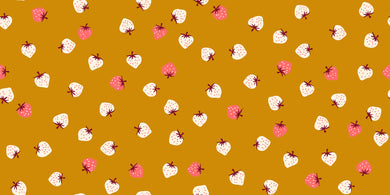 Pattern of small strawberries on a gold background