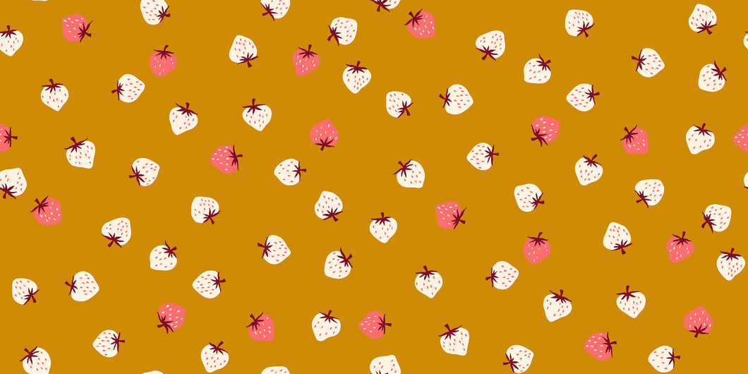 Pattern of small strawberries on a gold background