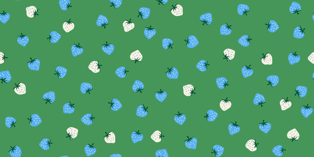 Pattern of blue and white strawberries on a green background