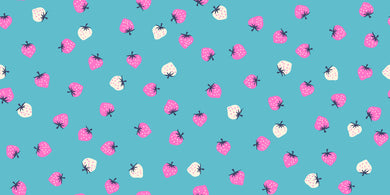 Pattern of pink and white strawberries on a turquoise background. Ruby Star Society available at globalfibershop.com.