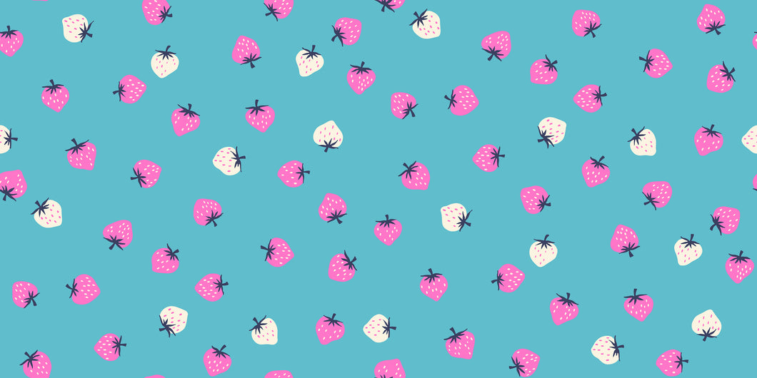 Pattern of pink and white strawberries on a turquoise background. Ruby Star Society available at globalfibershop.com.
