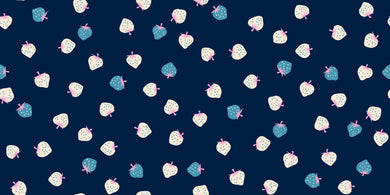 Pattern of blue and white strawberries on a navy background.