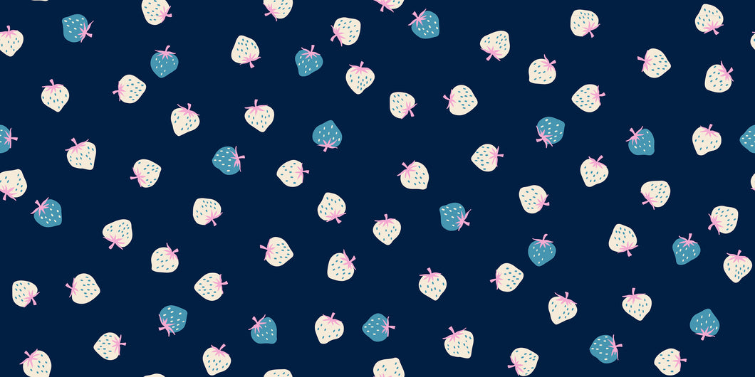Pattern of blue and white strawberries on a navy background.