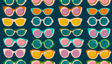 Load image into Gallery viewer, Assortment of sunglasses on a teal blue background. From Poolside Too by Ruby Star Society. Available at globalfibershop.com.
