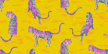Load image into Gallery viewer, Pattern of pink and black striped tigers on a yellow background. From Poolside Too by Ruby Star Society available at globalfibershop.com
