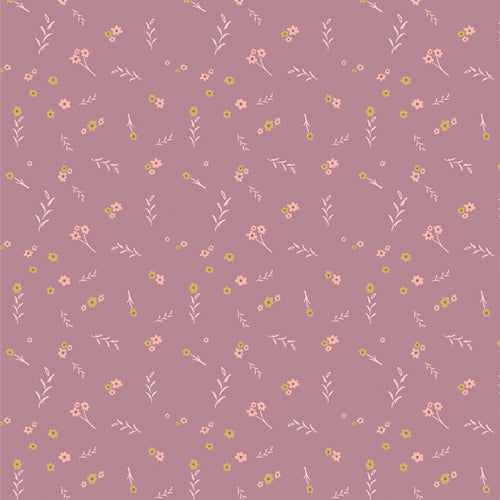 Pattern of small flowers and leaves on a pink background. Geo Bloom at globalfibershop.com.