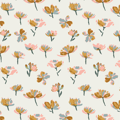 Pattern of small floral designs on a light background. GeoBloom at globalfibershop.com.