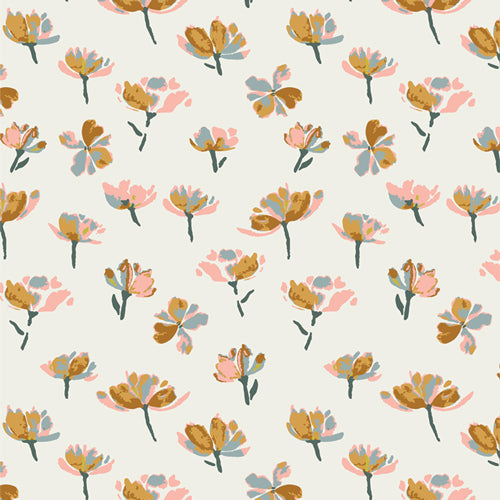 Pattern of small floral designs on a light background. GeoBloom at globalfibershop.com.