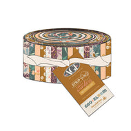 Fabric roll with colorful pattern and label on a white background