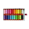 Rainbow assortment of Aurifil thread spools in a decorative Legendary box. Curated by Tula Pink for Aurifil. Available at globalfibershop.com.