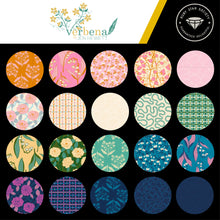 Load image into Gallery viewer, Verbena is a garden-inspired representation of Jen Hewett’s first ever garden. This timeless floral collection is stunning and promises to be “in season” all year round. 42 piece, 2.5&quot; x WOF strips bundle, available at globalfibershop.com.
