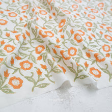Load image into Gallery viewer, Floral patterned fabric with 'Fableism' branding on a white background. Indian Block Prints available at globalfibershop.com.
