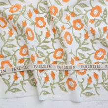 Load image into Gallery viewer, Floral patterned fabric with 'Fableism' branding on a white background. Indian Block Prints available at globalfibershop.com.
