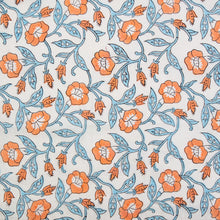 Load image into Gallery viewer, Pattern of orange flowers and blue leaves on a white background. Indian Block Prints by Fableism available at globalfibershop.com.
