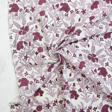 Load image into Gallery viewer, Fabric with a purple floral pattern and 'Fableism' branding. Indian Block Prints available at globalfibershop.com.

