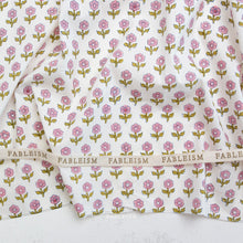 Load image into Gallery viewer, Floral patterned fabric with 'Fableism' branding on a white background. Indian Block Prints available at globalfibershop.com.
