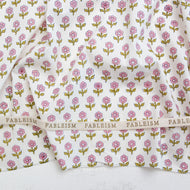 Floral patterned fabric with 'Fableism' branding on a white background. Indian Block Prints available at globalfibershop.com.