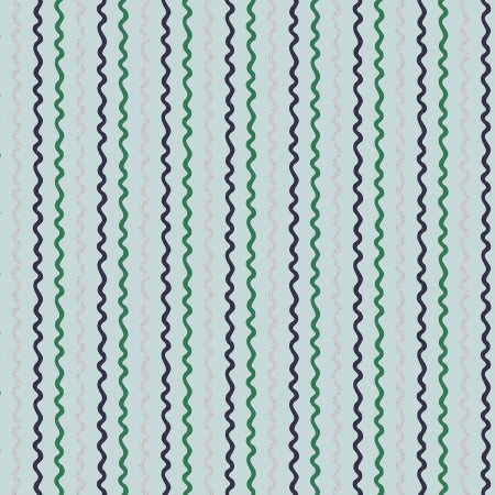 Pattern of wavy green and black lines on a light gray background. From the Holiday Classics Collection for Rifle Paper Co. at globalfibershop.com.