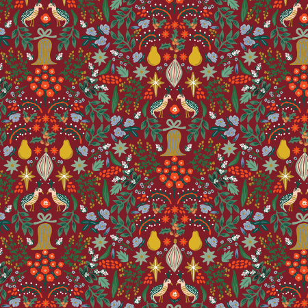Christmas-themed pattern with patridge, pears, bells, and holly on a red background. Designed by Rifle Paper Co available at globalfibershop.com.