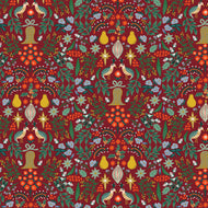 Christmas-themed pattern with patridge, pears, bells, and holly on a red background. Designed by Rifle Paper Co available at globalfibershop.com.