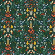 Christmas-themed pattern with patridge, pears, bells, and holly on a green background. Designed by Rifle Paper Co available at globalfibershop.com.