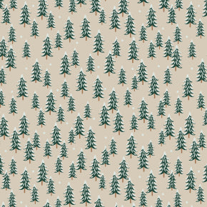 Pattern of green trees on a beige background. From the Holiday Classics Collection for Rifle Paper Co. Available at globalfibershop.com.