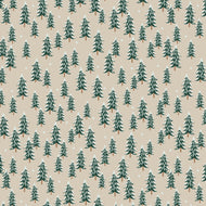 Pattern of green trees on a beige background. From the Holiday Classics Collection for Rifle Paper Co. Available at globalfibershop.com.