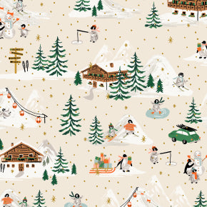 Winter scene with penquins skiing, snowboarding, and ice skating around trees on a beige background. Designed by Rifle Paper Co and available at globalfibershop.com.