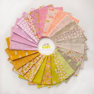 Collection of colorful fabric swatches arranged in a circular pattern with 'LoFi' branding. Available at globalfibershop.com.