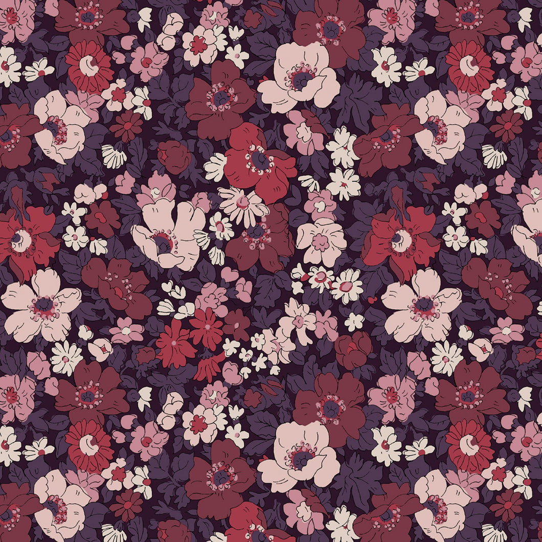 Flower Show Botanical Jewel from Liberty of London fabrics transports us to a magical garden oasis, planted with the prettiest shades of roses, lavender, dahlias in rich, vivid jewel tones that resemble semi-precious stones.  Available at globalfibershop.com.