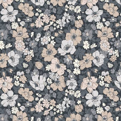 Flower Show Pebble offers a fresh approach to a neutral palette –Soft moss greens, buttercup yellows and pale blush pinks sit harmoniously against cooler greys and charcoals. Flower Show Pebble from Liberty of London is sold at globalfibershop.com.