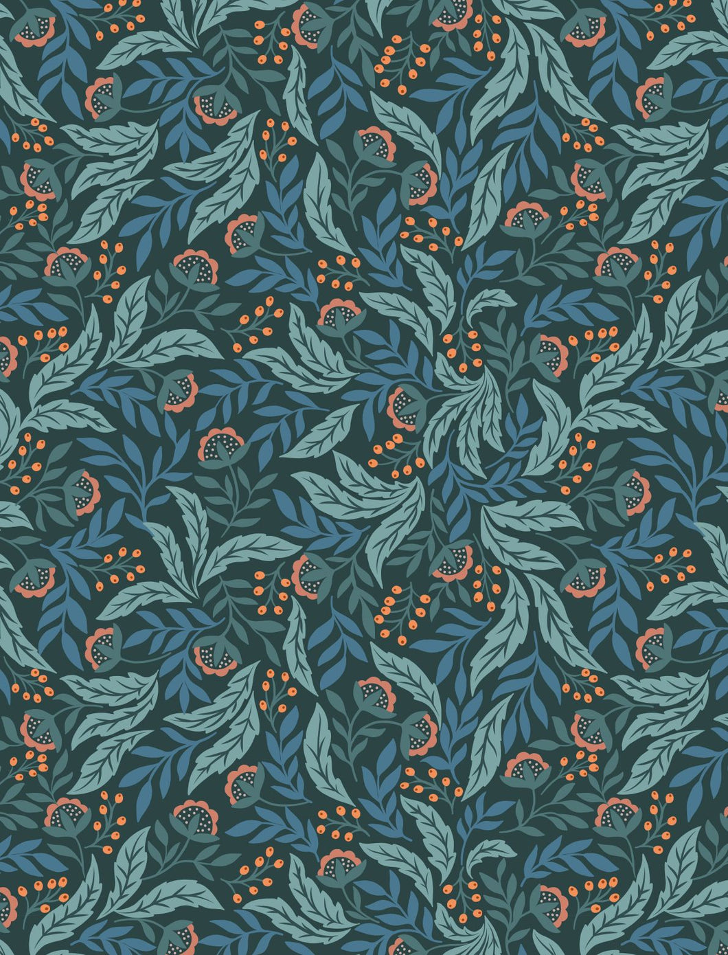 Wintertide | Arts and Crafts Floral with copper metallic on blue
