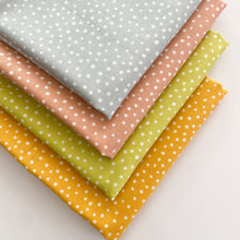 Load image into Gallery viewer, Layout of Happiest Dots in four shades from RJR Fabrics. Happies Dots features organic white polka prints on a background of modern colors.
