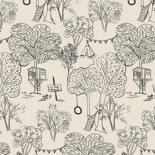 Line sketch of Tree houses, tents and trees in black printed on cream background .