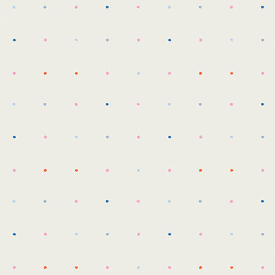 Red, blue and pink mini polka-dots printed in a grid on cream background.