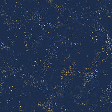 Load image into Gallery viewer, Speckled, brought to you by RSS designer Rashida Coleman Hall, features subtle speckled, (some metallic) blenders.  We liken &quot;speckled&quot; to your happiest accident paint splatter turned perfect fabric background or blender. Navy features a navy blue background with blue and gold speckles.
