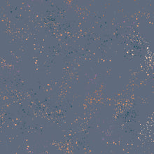 Load image into Gallery viewer, Speckled, brought to you by RSS designer Rashida Coleman Hall, features subtle speckled, (some metallic) blenders.  We liken &quot;speckled&quot; to your happiest accident paint splatter turned perfect fabric background or blender. Blue Slate is a grey background with peach and blue speckles.
