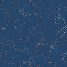 Load image into Gallery viewer, Speckled, brought to you by RSS designer Rashida Coleman Hall, features subtle speckled, (some metallic) blenders.  We liken &quot;speckled&quot; to your happiest accident paint splatter turned perfect fabric background or blender. Bluebell is an Indigo blue background with peach speckles.
