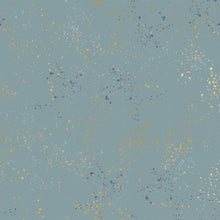 Load image into Gallery viewer, Speckled, brought to you by RSS designer Rashida Coleman Hall, features subtle speckled, (some metallic) blenders.  We liken &quot;speckled&quot; to your happiest accident paint splatter turned perfect fabric background or blender. Soft Blue is a muted blue background with Indigo, gold and cream speckles.
