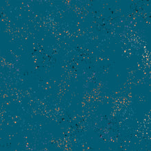 Load image into Gallery viewer, Speckled, brought to you by RSS designer Rashida Coleman Hall features subtle speckled, some metallic, blenders. We liken &quot;speckled&quot; to your happiest accident paint splatter turned perfect fabric background or blender. Sold at globalfibershop.com. Teal features blue background with blue and gold speckles.
