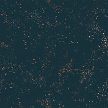 Load image into Gallery viewer, Speckled, brought to you by RSS designer Rashida Coleman Hall, features subtle speckled, (some metallic) blenders. We liken &quot;speckled&quot; to your happiest accident paint splatter turned perfect fabric background or blender. Sold at globalfibershop.com Teal Navy is a teal navy background with peach and blue grey speckles.
