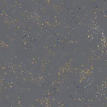 Load image into Gallery viewer, Speckled, brought to you by RSS designer Rashida Coleman Hall, features subtle speckled, (some metallic) blenders. We liken &quot;speckled&quot; to your happiest accident paint splatter turned perfect fabric background or blender. Sold at globalfibershop.com Cloud is a deep grey background with gold and blue speckles.

