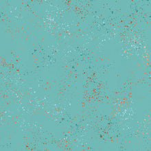 Load image into Gallery viewer, Speckled, brought to you by RSS designer Rashida Coleman Hall, features subtle speckled, (some metallic) blenders. We liken &quot;speckled&quot; to your happiest accident paint splatter turned perfect fabric background or blender. Sold at globalfibershop.com. Turquoise is a teal blue background with rust, peach and blue speckles.
