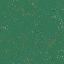 Load image into Gallery viewer, Speckled, brought to you by RSS designer Rashida Coleman Hall features subtle speckled, some metallic, blenders.  We liken &quot;speckled&quot; to your happiest accident paint splatter turned perfect fabric background or blender. Emerald is a green background with blue, cream and gold speckles.
