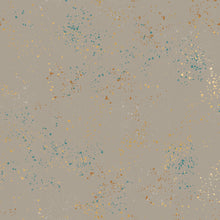 Load image into Gallery viewer, Speckled, brought to you by RSS designer Rashida Coleman Hall features subtle speckled, some metallic, blenders.  We liken &quot;speckled&quot; to your happiest accident paint splatter turned perfect fabric background or blender. Wool is a grey background with cream, blue and gold speckles.
