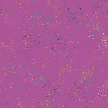 Load image into Gallery viewer, Speckled, brought to you by RSS designer Rashida Coleman Hall, features subtle speckled, (some metallic) blenders. We liken &quot;speckled&quot; to your happiest accident paint splatter turned perfect fabric background or blender. Sold at globalfibershop.com. Witchy features purple background with blue, gold and navy speckles.
