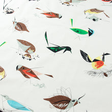 Load image into Gallery viewer, Flat layout of the main print from Charley Harper Western Birds collection at Global Fiber Shop. Birds and branches on a white organic cotton background.
